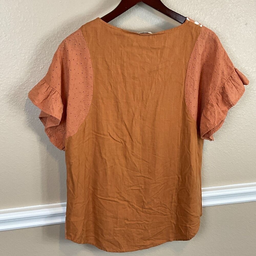 Umgee Linen Blend Top S Orange Flutter Sleeve Eyelet Mixed Media Animal Print R3 - Picture 5 of 12